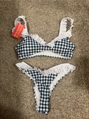 Navy Gingham Ruffle Bikini Set - Girls Swim Top & Bottom